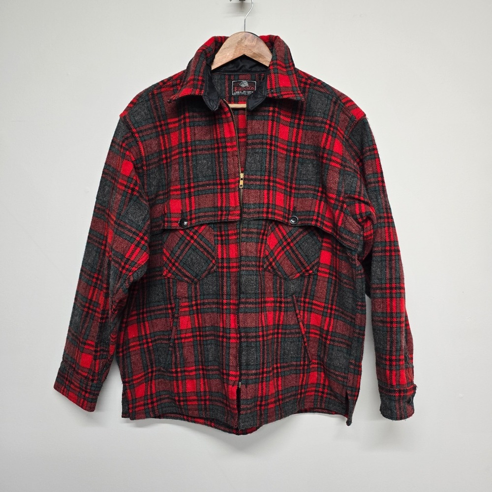 Johnson Woolen Mills Zip Hunting Jacket Mens Large Red Plaid Wool Cape Vintage
